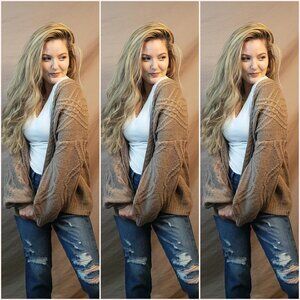 Brown Cable Knit Balloon Sleeve Cardigan